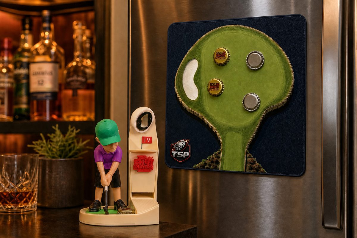 Magnetic Cap Catcher on a fridge in a home bar