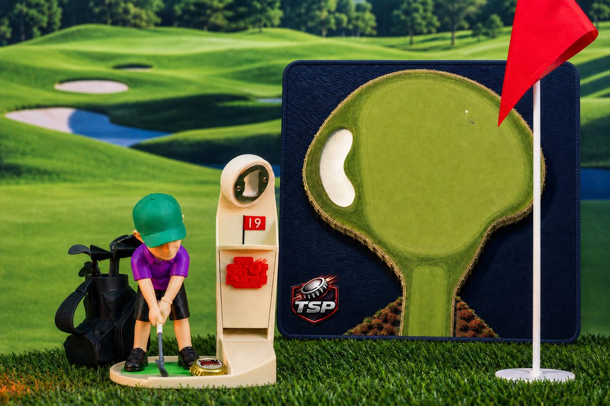 Hook-It Harry Bottle Top Golfer close-up with golf bag and cap on the tee